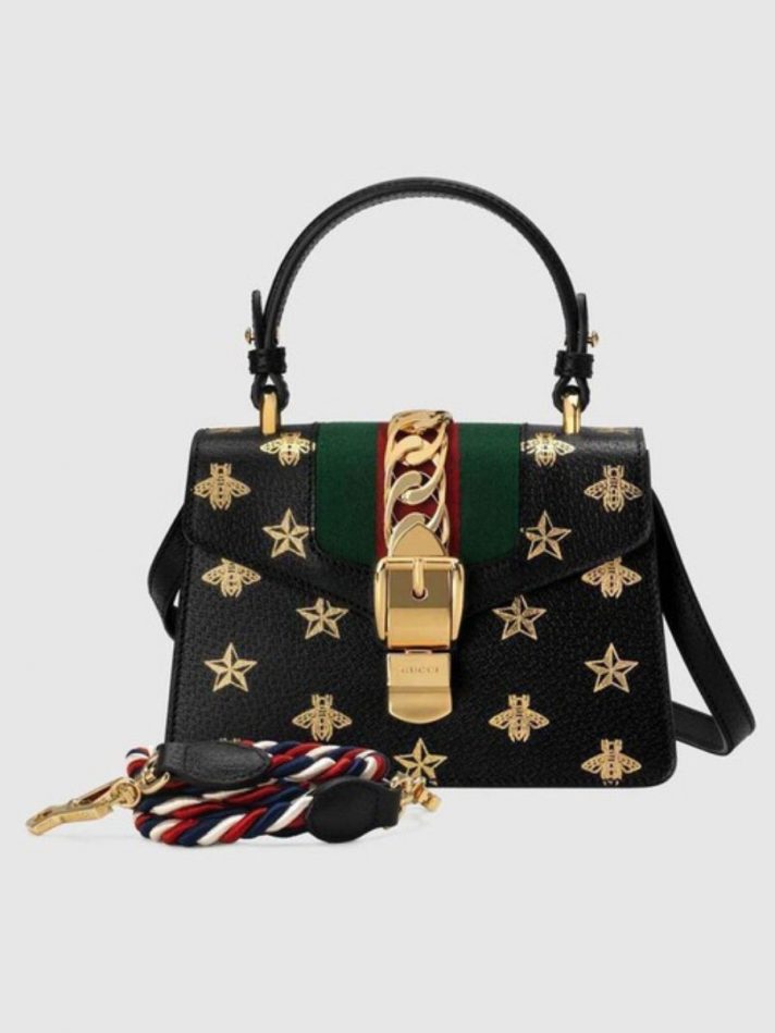 Túi Xách Gucci Sylvie Bee Star Mini Leather Bag Màu Đen Họa Tiết Vàng – Gucci