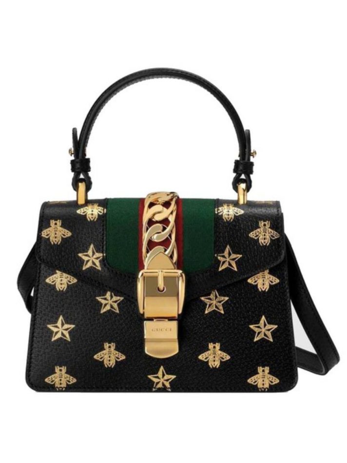 Túi Xách Gucci Sylvie Bee Star Mini Leather Bag Màu Đen Họa Tiết Vàng – Gucci